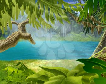 River Bank with Plants in the Tropical Forest. Digital painting, illustration in Realistic Cartoon Style