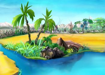 Digital painting of the two palm trees in a summer day. Small palm lake oasis.