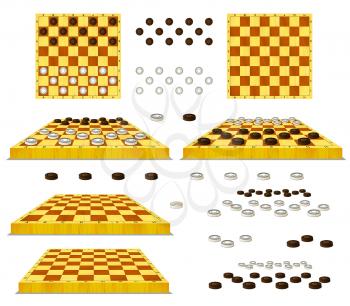 Set of Chessboard and Checkers separate images. Digital painting  full color cartoon style illustration isolated on white background.