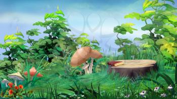 Forest Glade with Big Stump and Mushrooms in a Summer Day. Digital Painting Background, Illustration in cartoon style character.