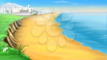 Digital Painting, Illustration of a desert coast near ancient Troy in a summer day. Cartoon Style Character, Fairy Tale Story Background.