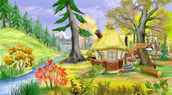 Idyllic landscape with Small Fairy Tale House Near the River in the Autumn Forest. Digital Painting Background, Illustration.