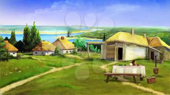Traditional farm buildings in the old village in the depths of eastern Europe . Digital Painting Background, Illustration in cartoon style character.