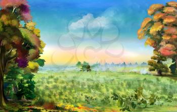 Idyllic landscape with Beautiful Field Pea in Early Autumn. Digital Painting Background, Illustration.