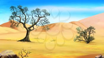 Digital Painting, Illustration of a trees on the edge of the desert. Cartoon Style Character, Fairy Tale Story Background.