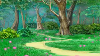 Footpath in a Fairy Tale Summer Forest. Digital Painting Background, Illustration in cartoon style character.