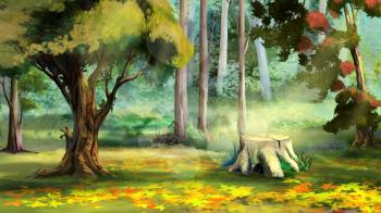 Beautiful view of Old Tree Stump in the Autumn Forest. Digital Painting Background, Illustration.