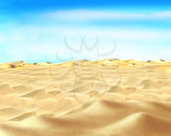 Digital Painting, Illustration of a yellow sand under blue sky in a desert. Cartoon Style Character, Fairy Tale Story Background.