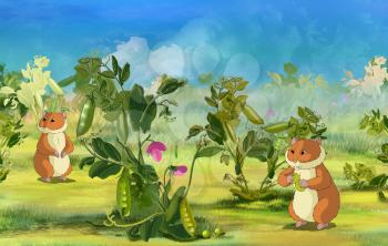 Two Hamsters on Pea Field. Digital painting  cartoon style full color illustration.