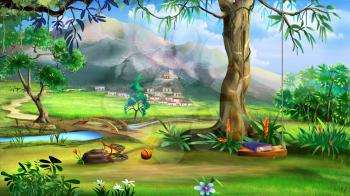 Fairy Tale Background with Swings and Small Bridge Over the River. Digital Painting, Illustration in cartoon style character.