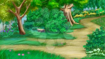Trees, Flowers and Old Stump  Near a Footpath in a Green Summer Forest. Digital Painting Background, Illustration in cartoon style character.