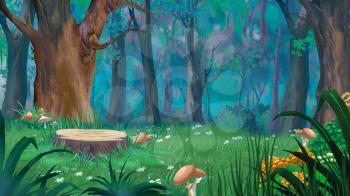 Mushrooms around the stump in a forest glade. Digital Painting Background, Illustration in cartoon style character.