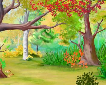 Autumn in a forest with colorful leaves.  Digital Painting Background, Illustration in cartoon style character.