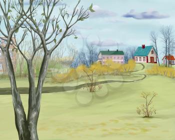 Rural Landscape in Gloomy November in eastern Europe. Digital Painting Background, Illustration in cartoon style character.
