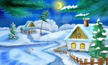 Winter  in a Old Ukrainian Traditional Village  at Christmas Eve.  Handmade illustration in a classic cartoon style.