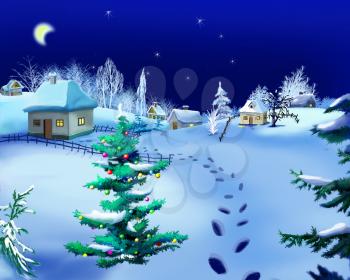 Romantic Winter Night at New Year's Eve  on the Background  Rural Landscape.  Handmade illustration  in a classic cartoon style.
