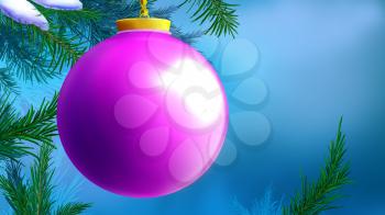 Lilac Christmas Ball over Blue Background with tree branches. Handmade illustration in a classic cartoon style.