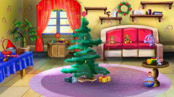 Christmas tree in baby room interior with furniture and toys. Handmade illustration in a classic cartoon style.