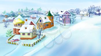 Eastern Europe Traditional Village in Winter  with small houses and churches. Handmade illustration in a classic cartoon style.