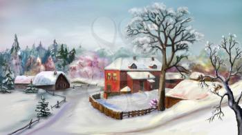 Winter Rural Landscape on a cloudy day.  Handmade illustration in a classic cartoon style.