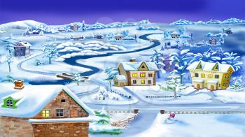 Winter Night in Village by the River. Handmade illustration in a classic cartoon style.