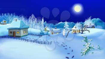 Christmas Night in Old Traditional Ukrainian Village.   Handmade illustration in a classic cartoon style.