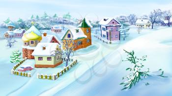 Eastern Europe Traditional Village in Snowy Winter  with small houses and churches. Handmade illustration in a classic cartoon style.