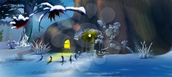 Forest Gnome's House in the New Year's Eve.  Panorama View. Handmade illustration in a classic cartoon style.