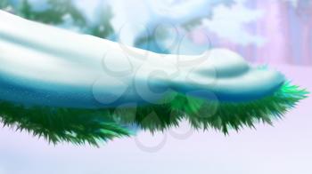 Fir  or Pine Branch Covered with Snow.  Handmade illustration in a classic cartoon style.