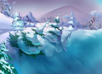Big Ravine with Snow and Spruces in a Frosty Winter Day.  Handmade illustration in a classic cartoon style.