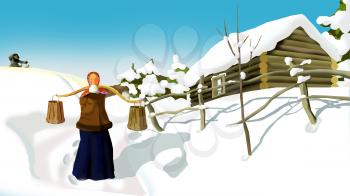 Russian Winter  in a Traditional Village.  A Woman with a Yoke.  Handmade illustration in a classic cartoon style.