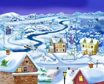 Winter Night in the Suburbs before Christmas.  Handmade illustration in a classic cartoon style.