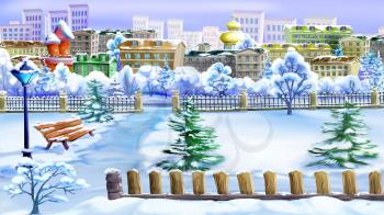 Winter Day in a Park.  Handmade illustration in a classic cartoon style.