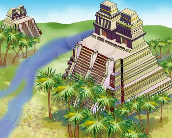 Ancient Mayan Pyramids in a jungle.  Digital Painting Background, Illustration in cartoon style character.