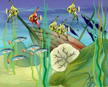 Coral Fishes Underwater.  Digital Painting Background, Illustration in cartoon style character.