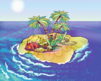 Desert Island in a Summer day. Digital Painting Background, Illustration in cartoon style character.