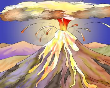 Volcano Eruption with Hot Lava. Digital Painting Background, Illustration in cartoon style character.