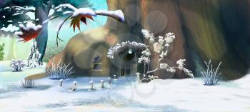 Forest Gnome's House in Winter.  Panorama View. Handmade illustration in a classic cartoon style.