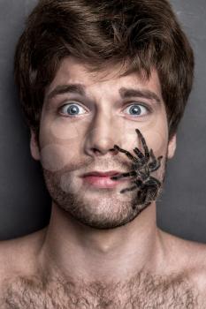 Portrait of a Young Handsome Man with Big Spider on His Face