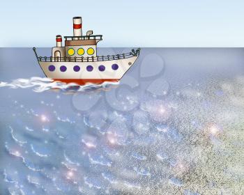 Small Cartoon Ship in the Calm Sea or Ocean. Digital Painting Background, Illustration in cartoon style character.