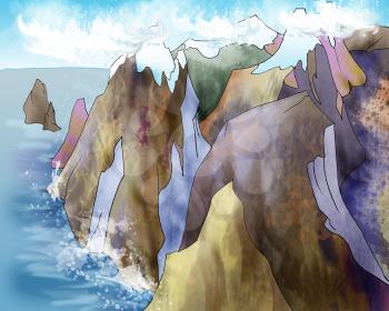 Cliff Seascape with big waves. Digital Painting Background, Illustration in cartoon style character.