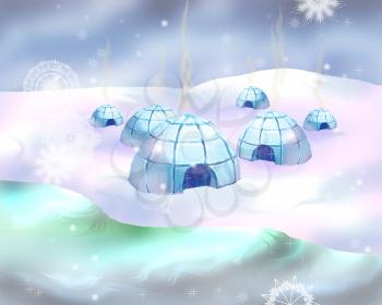 Polar Snowy Landscape with Eskimo Igloo Icehouse. Digital Painting Background, Illustration in cartoon style character.