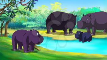 Little Hippo is Afraid of Water. Digital painting  cartoon style full color illustration.
