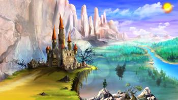 Magical Fairy Tale Castle Surrounded by Mountains above the River in a Summer Day. Digital Painting Background, Illustration in cartoon style character.