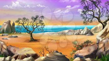 Rocky Shore with Lonely Tree against the Dawn sky in a Summer morning. Digital Painting Background, Illustration in cartoon style character.