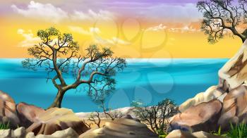 Sea View from the Cliff at Dawn against the Yellow Sky. Digital Painting Background, Illustration in cartoon style character.
