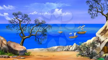 View of the bay with sailboats. Shore of the ocean, coast of desert island. Digital Painting Background, Illustration in cartoon style character.