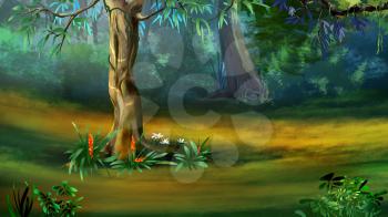 Tree trunk in the forest in a summer day. Bushes and Flowers. Digital Painting Background, Illustration in cartoon style character.