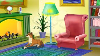 Big yellow dog lies near a chimney and waits for the owner. Digital painting  cartoon style full color illustration.