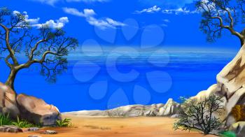 Sea View from the Cliff in a Summer day against the Deep Blue Sky. Digital Painting Background, Illustration in cartoon style character.